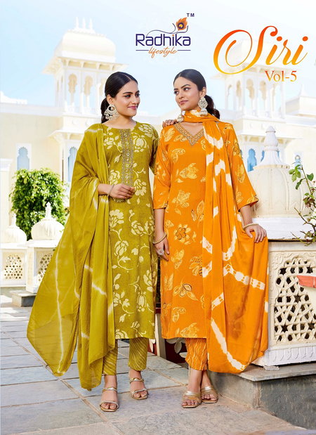 Siri Vol 5 By Radhika Rayon Embroidery Work Kurti With Bottom Dupatta Online Wholesale